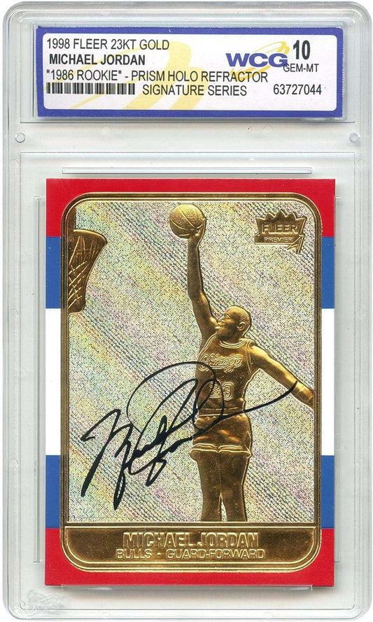1998 Michael Jordan Fleer ’86 Rookie Overstamp Signature Series 23KT Gold Prism Holo Refractor – GEM-Mint 10 - VaultCards shop
